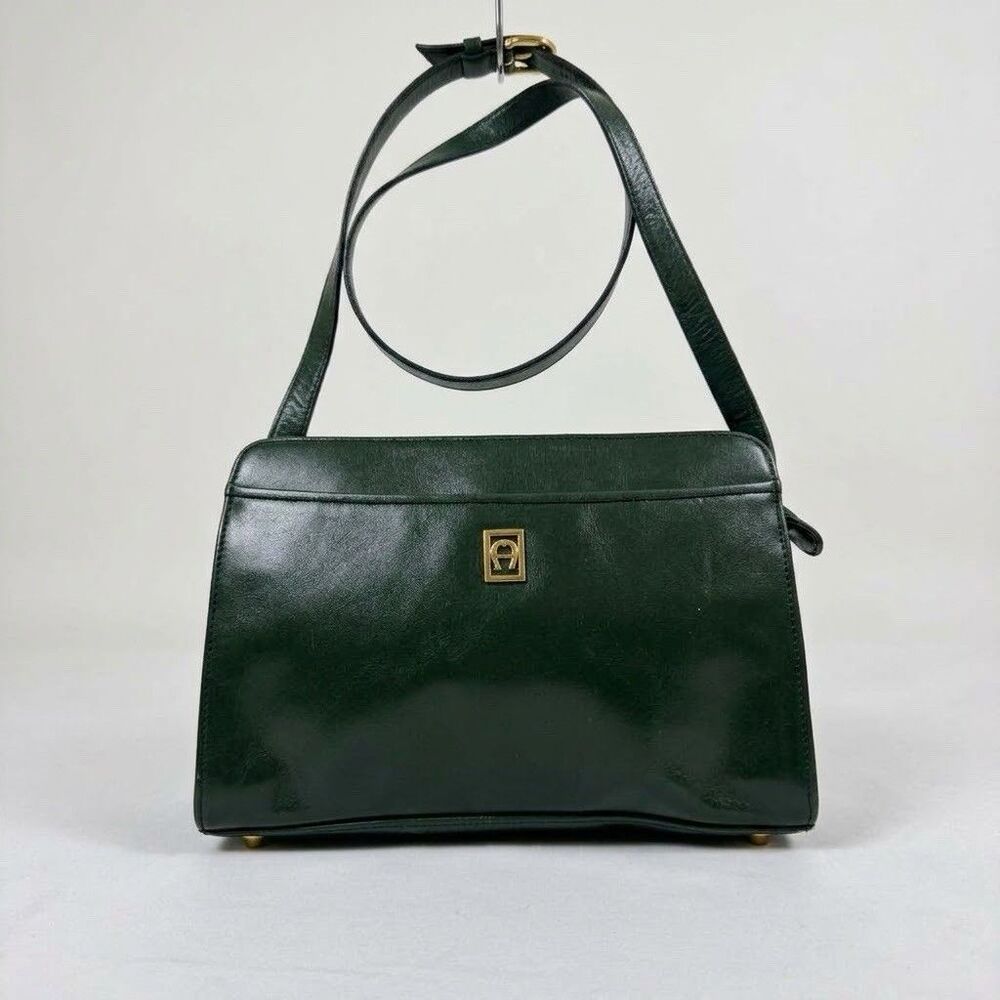 Vintage Etienne Aigner Dark Green Leather Crossbody Shoulder Bag Purse Brass